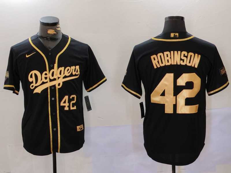 Men%27s Los Angeles Dodgers #42 Jackie Robinson Number Black Gold World Series Champions Cool Base Stitched Jersey